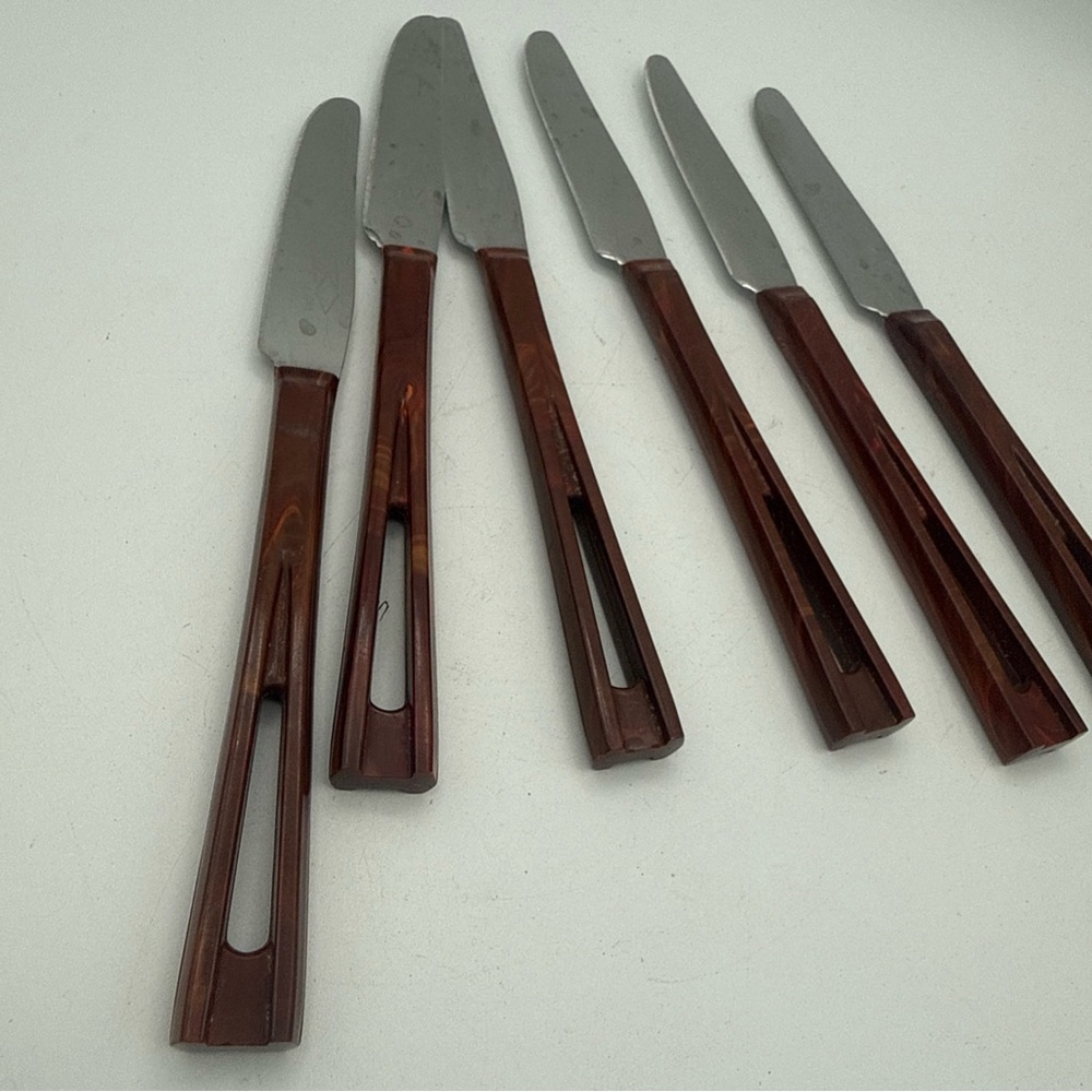 6 VTG Stanley  Deluxe Stanhome Steak Knives  Catalina Lucite Cut Out Handle MCM